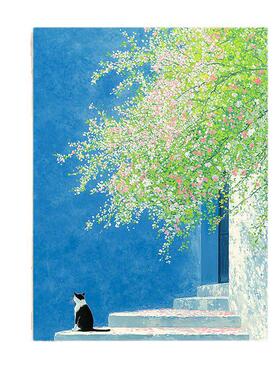 小清新春天绿色植物挂画治愈猫咪北欧风客厅沙发卧室墙面装饰画
