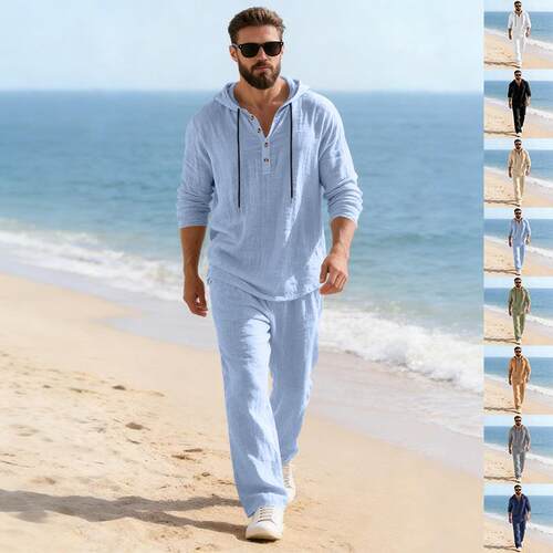 Linen men's suit hooded sweatshirt long sleeved pants set