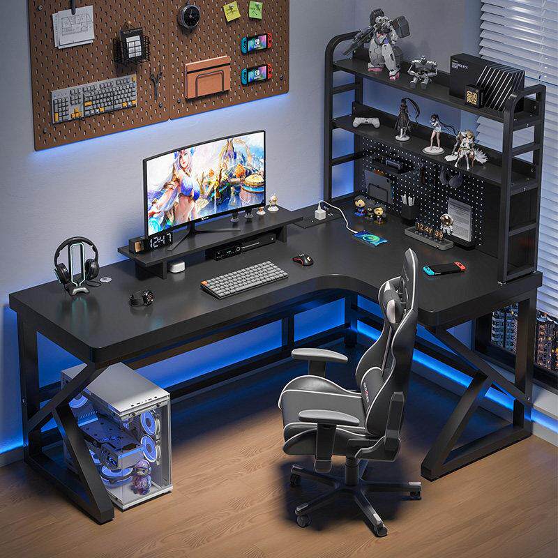 实木转角电脑桌加厚桌面带插排电竞桌子家用办公桌置物架组合书桌