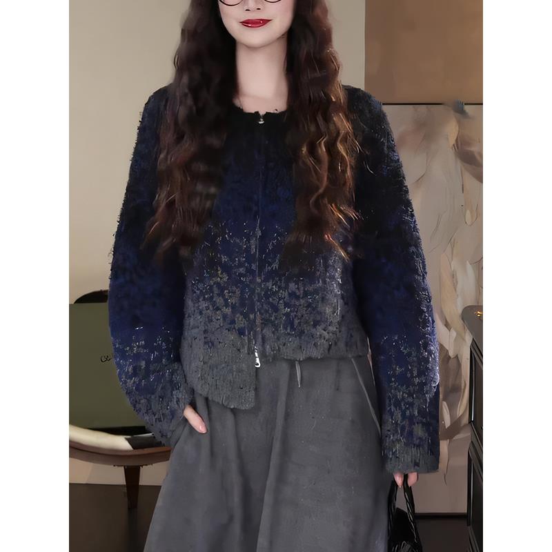 2025秋冬新款韩系流行通勤设计感风格渐变撞色拉链针织开衫毛衣女