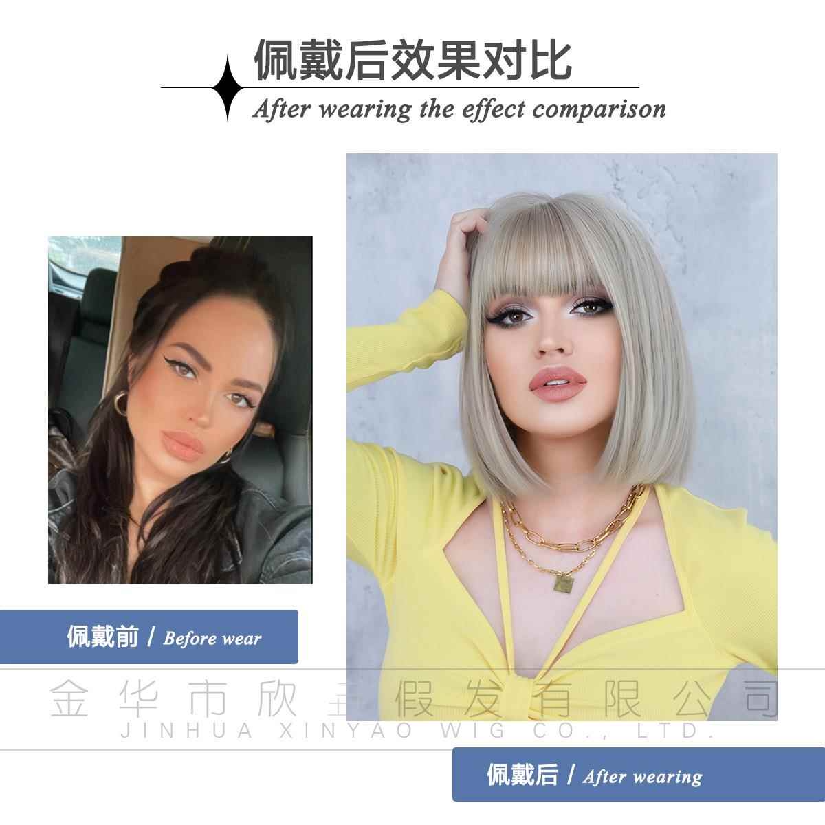 新款直销跨境外贸假发女BOB头短发米茶色短直发假发整顶化纤机制