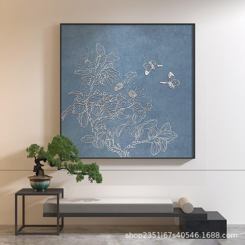 新中式轻奢客厅玄关装饰画蓝色牡丹蝴蝶艺术抽象古典背景墙壁挂画图片