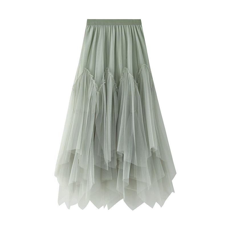 pleated irregular mesh long tulle fluffy skirt A-line