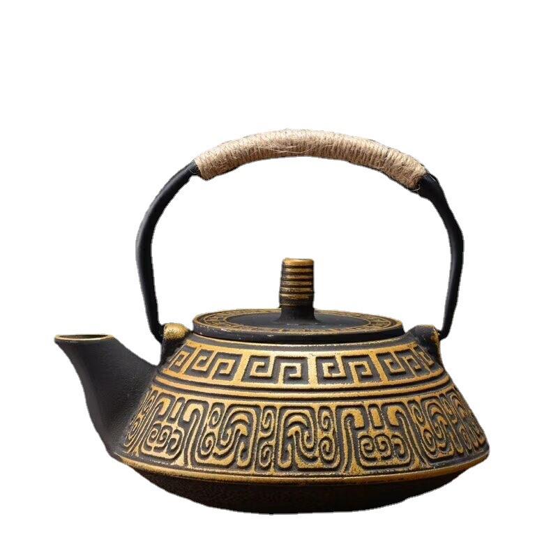 普通铸铁茶壶生铁壶铸铁茶壶牡丹纹茶壶茶具0.9L富贵纹铁壶铁把