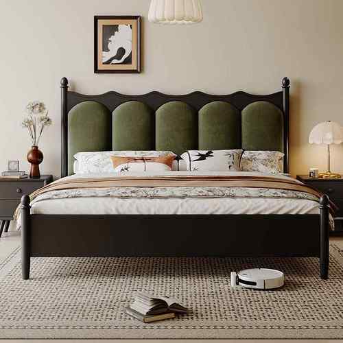 法式复古胡桃色实木木大床1.8米双人主床卧床中风古床软包UXY储物