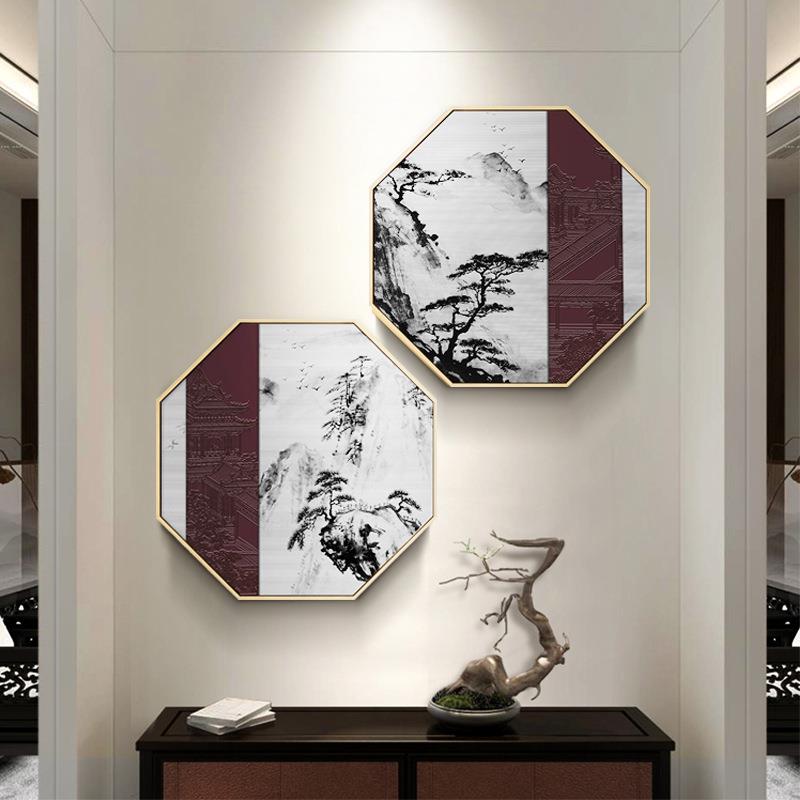 新中式玄关八边形风景装饰画中国风茶楼禅意挂画卧室床头古典墙画
