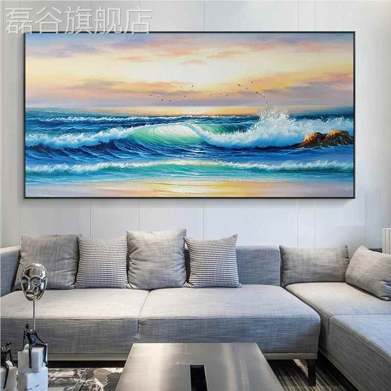 网红手画美油式厅发背景挂绘墙装饰画大海客室风景卧壁沙画北欧轻图片