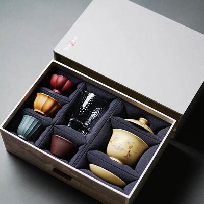 宜兴紫砂壶茶具套装礼盒送礼段泥三才盖碗彩绘四杯高端茶器180cc