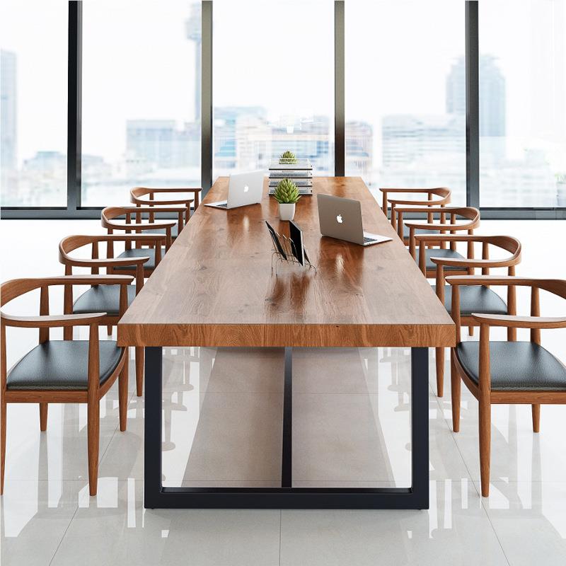 现代多人实木办公议桌长桌简约铁艺会桌工业风长方形电办公桌脑子