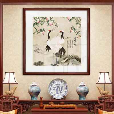 松鹤延年图装饰画中式客厅饭厅墙上挂画招财饭厅入门玄关风水壁画