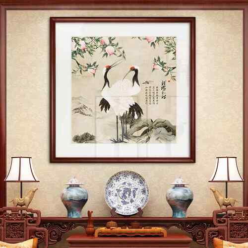 松鹤延年图装饰画中式客厅饭厅墙上挂画招财饭厅入门玄关风水壁画