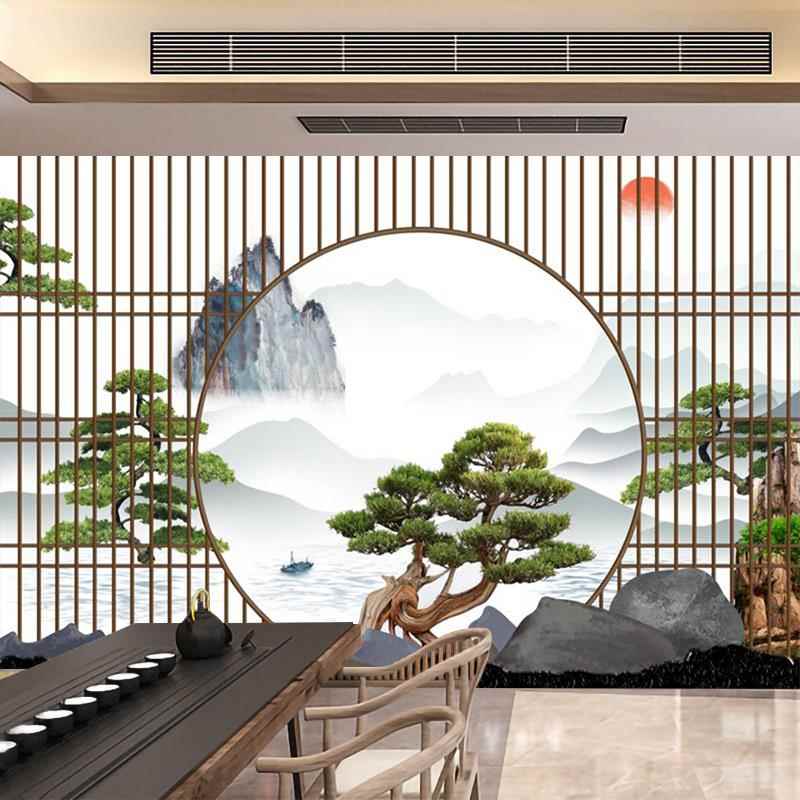 新中式养生会所前台背景墙纸茶室贴画墙贴美容院酒店装饰壁画自粘