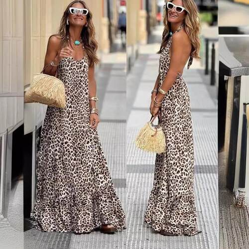 Printed collar hanging neck backless suspender long dress