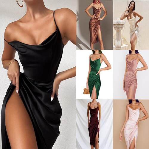 Feminine Split Slit Dress Straps Ruffled Formal Special