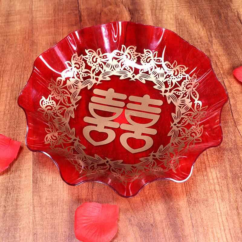 大号喜字果盘红色结婚创意婚庆水果盘圆形塑料喜庆喜字糖果盘婚庆