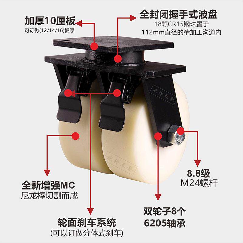 大载重抗冲双击排轮 8/承10/12寸实心MC尼龙15吨SL-811超重万向重