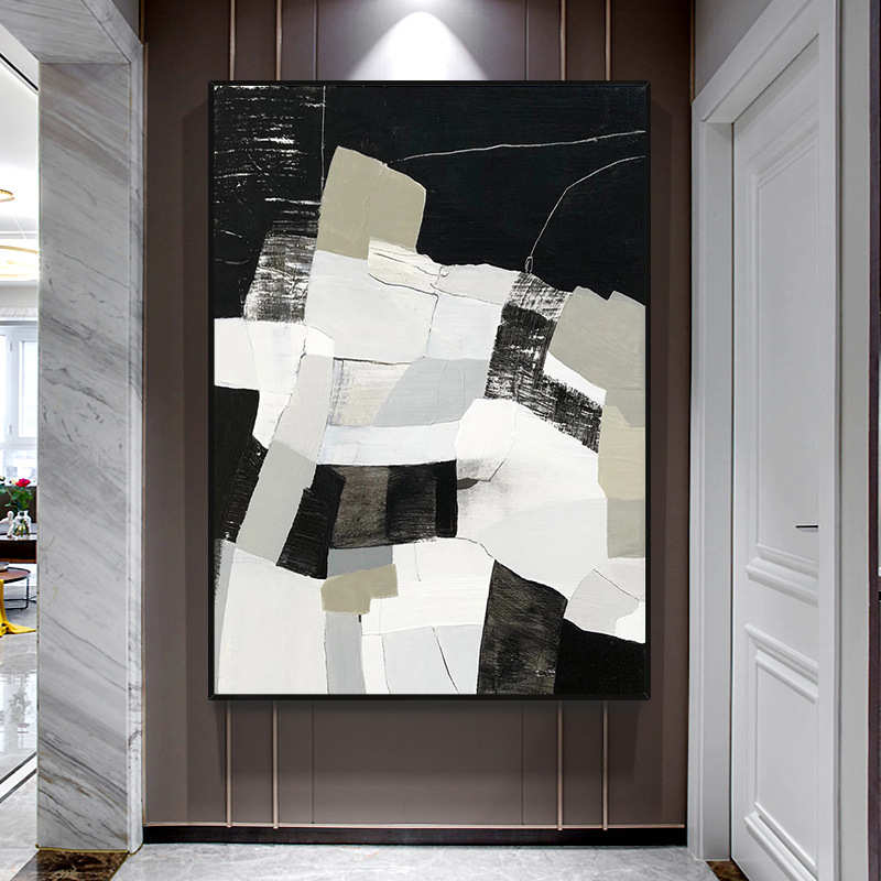 手绘油画抽象现代客厅玄关背景墙装饰画立体黑白色块餐厅挂画客厅图片