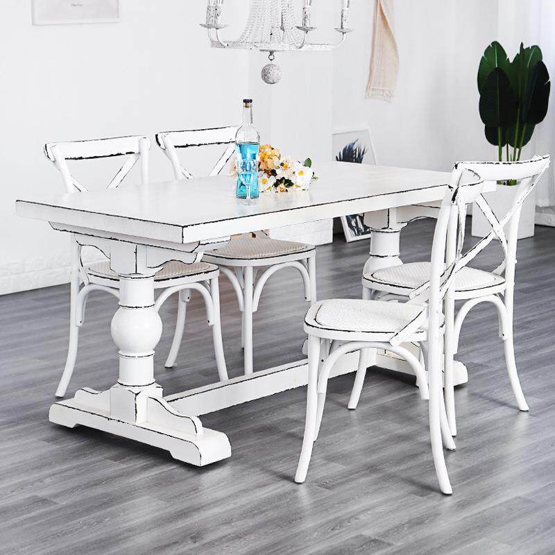 美式乡村复古纯实木桌子家用客厅小户型长方形餐桌白色椅子吃饭桌