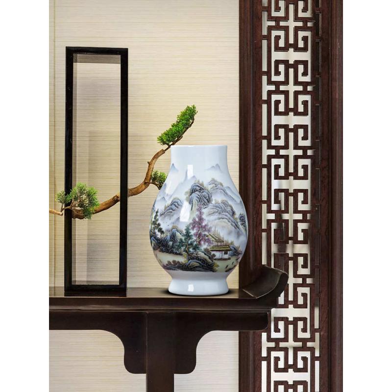 景德镇陶瓷器粉彩山水画福筒花瓶 大口富贵竹瓶客厅玄关装饰摆件