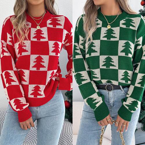 Tree grid lantern long sleeved pullover sweater women's