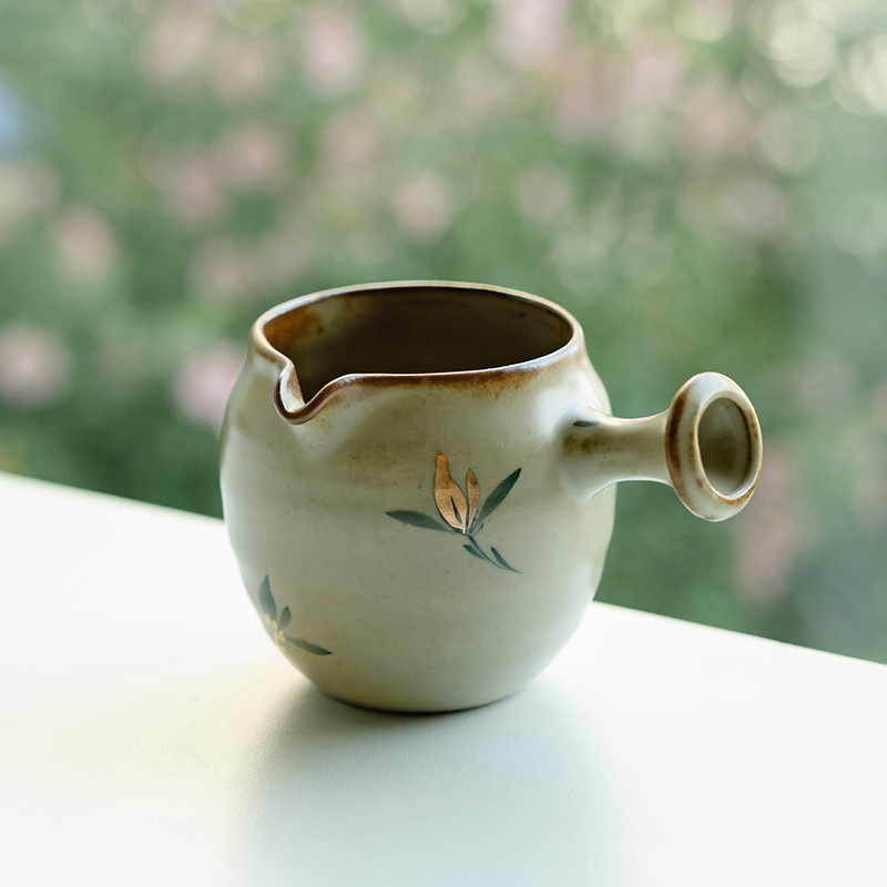 仿古描金纯手绘蝴蝶兰花侧把清影公道杯陶瓷分茶器茶海零配件