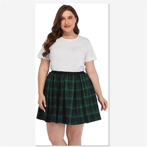 Plus size plaid skirt for female students, pleated mini