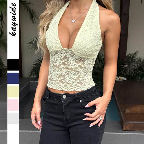 Lace neck hanging vest T-shirt蕾丝挂脖背心T恤