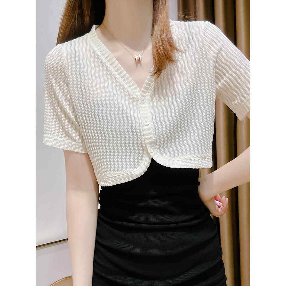 冰丝女士短袖开衫，夏季披肩配吊带裙和短上衣，蕾丝马甲上0305r