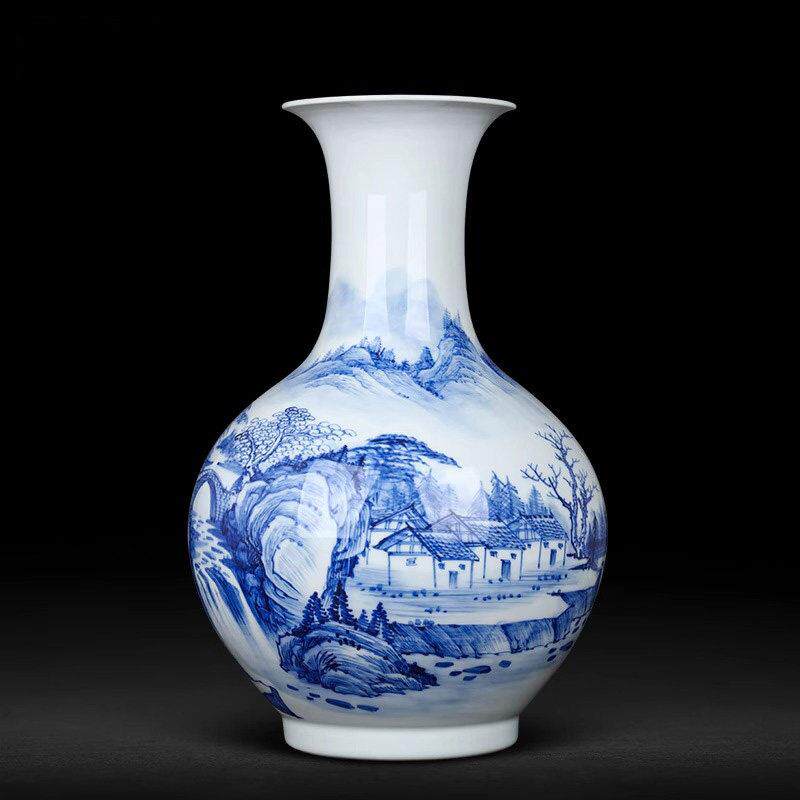 景德镇陶瓷客厅插花古董新中国风入口青花山水手绘花瓶装饰品