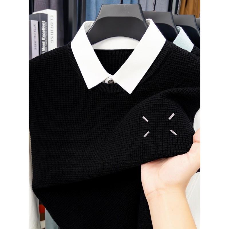 100%纯棉男士假两件内搭2025年秋季新款衬衫领薄款打底针织衫男