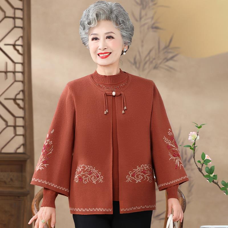 简溪中老年人妈妈秋冬季女套装针织开衫两件套新款长袖奶奶上衣服