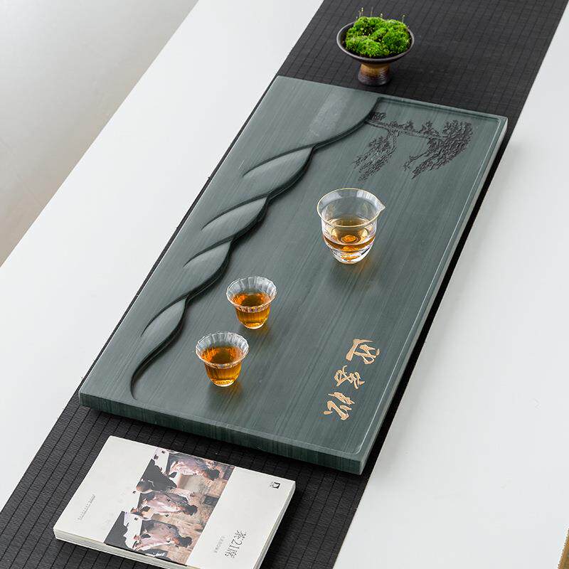 天绿檀木纹石茶盘家用简整块石头茶台大绿檀石迎然茶海轻奢小型水