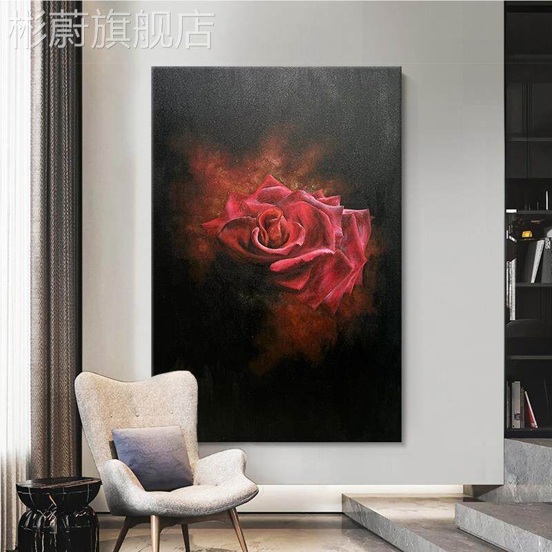 网红侘关寂玫瑰客装厅饰画大幅落红地花卉肌风理手绘油画玄走廊纯
