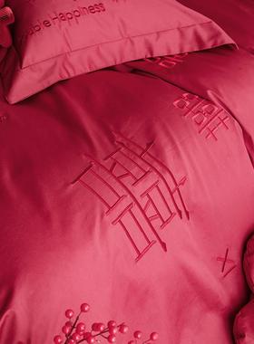 婚庆14款0S长绒字棉四件套纯棉结F77HT6S8婚房床笠红色新婚喜床品