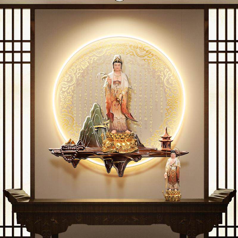 观世音菩萨玄关装饰画心经字画佛堂背景墙挂画佛像圆形茶室壁画灯