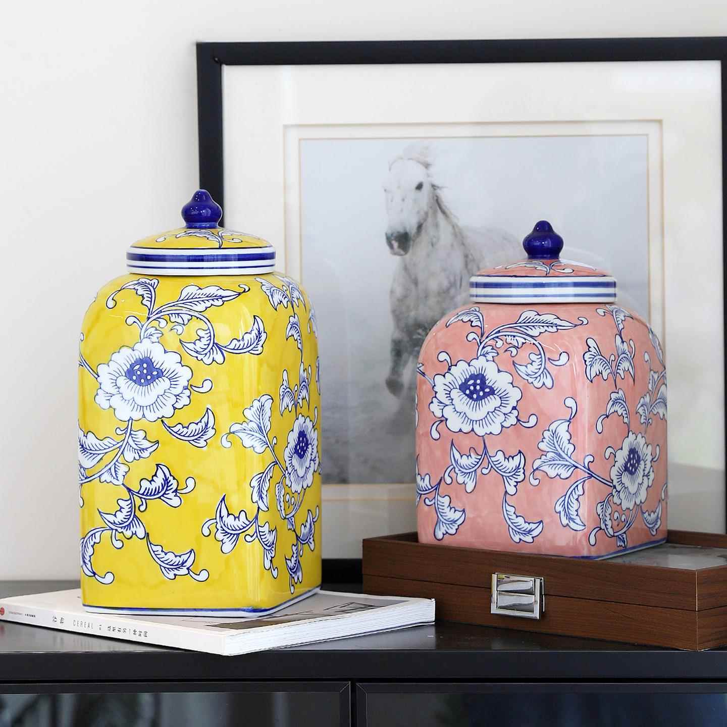 青花瓷盖坛将军罐高级感陶瓷花瓶玄关客厅摆件酒店装饰工艺品