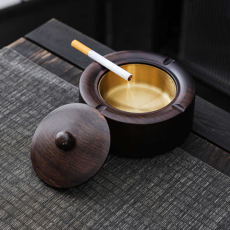 烟灰缸创意个性潮流客厅家用黑檀实木带盖防飞灰中式金属铜制烟缸