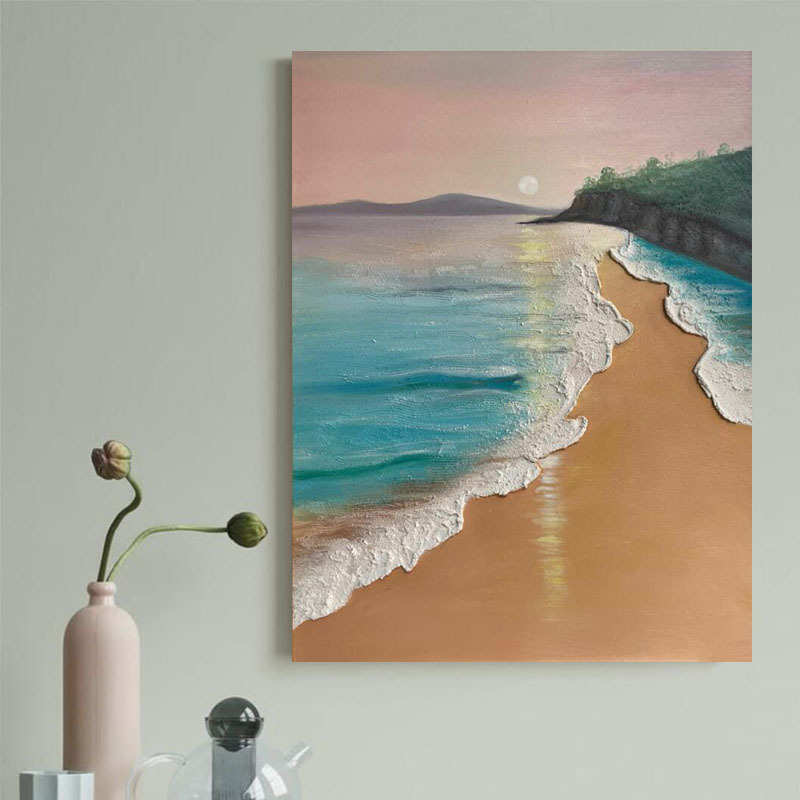 纯手绘油画客厅玄关装饰画丙烯石英砂海景日出立体画抽象风景挂画图片