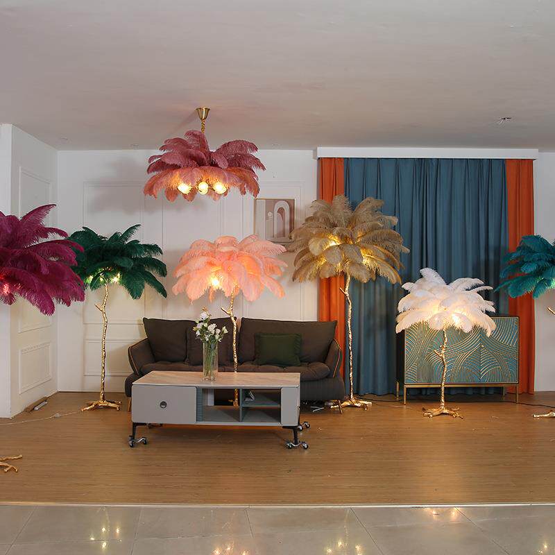 美式奢华全铜背景羽毛落地灯网红卧室床头灯公主客厅树枝灯台灯