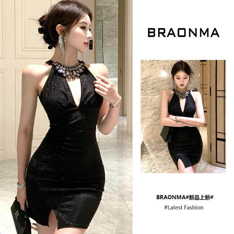 BRAONMA 黑色晚礼服法式名媛纯欲风无袖挂脖连衣裙女夏季包臀短裙
