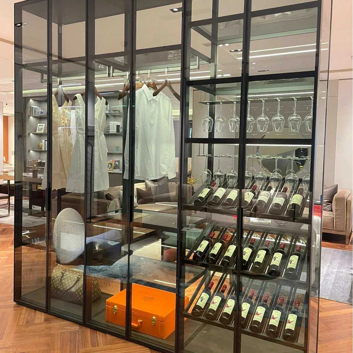 玻璃酒柜客厅靠墙极简铝框玻璃柜门展示柜简约轻奢酒柜书柜门定制