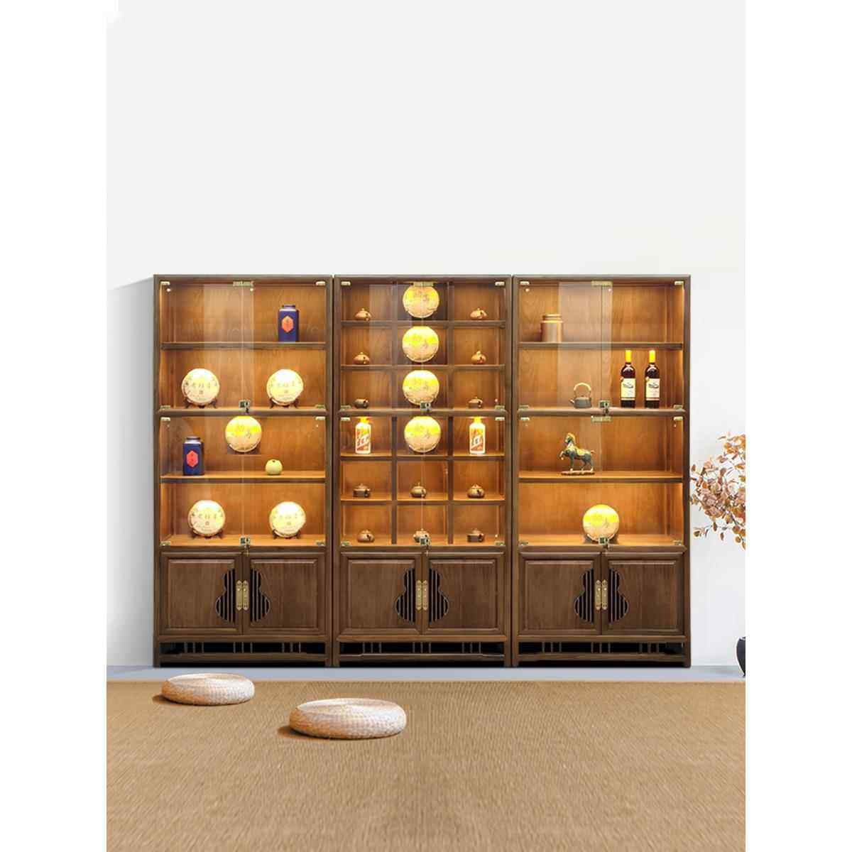 博古架实木新型中式茶室客厅家配玻璃门及光多宝阁茶具陈列收纳柜