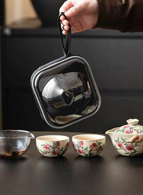 汝窑粉彩九桃旅行茶具套装户外便携式快客杯一壶三杯陶瓷茶壶茶杯