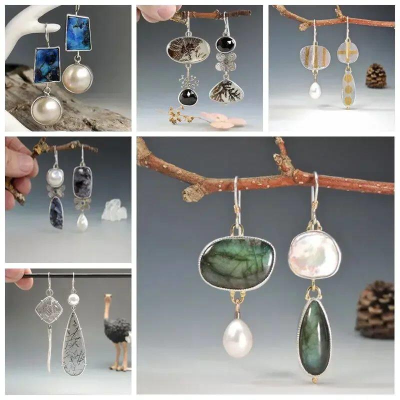 Vintage Asymmetrical Imitation Pearl Water Drop Earrings Jew - 实物图