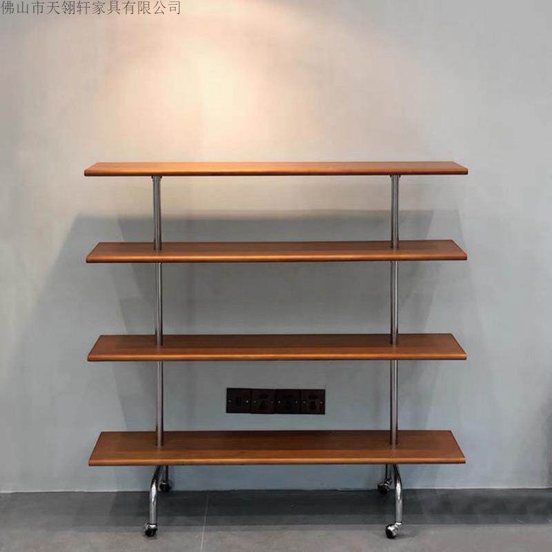 中古设计师收纳架复古多层置物架落地架带轮小推车实木不锈钢书架