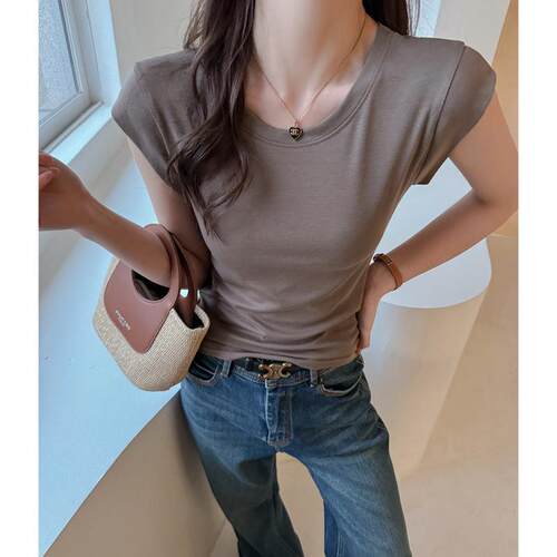 Front shoulder short sleeved T-shirt for women, showing