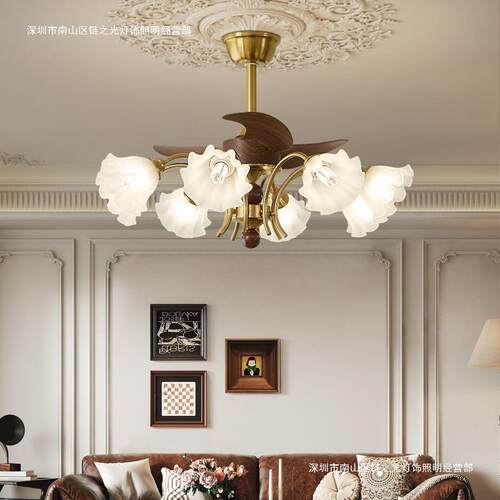 法式高端客厅卧室花朵风扇吊灯美式复古书房灯中古风餐厅房间灯具