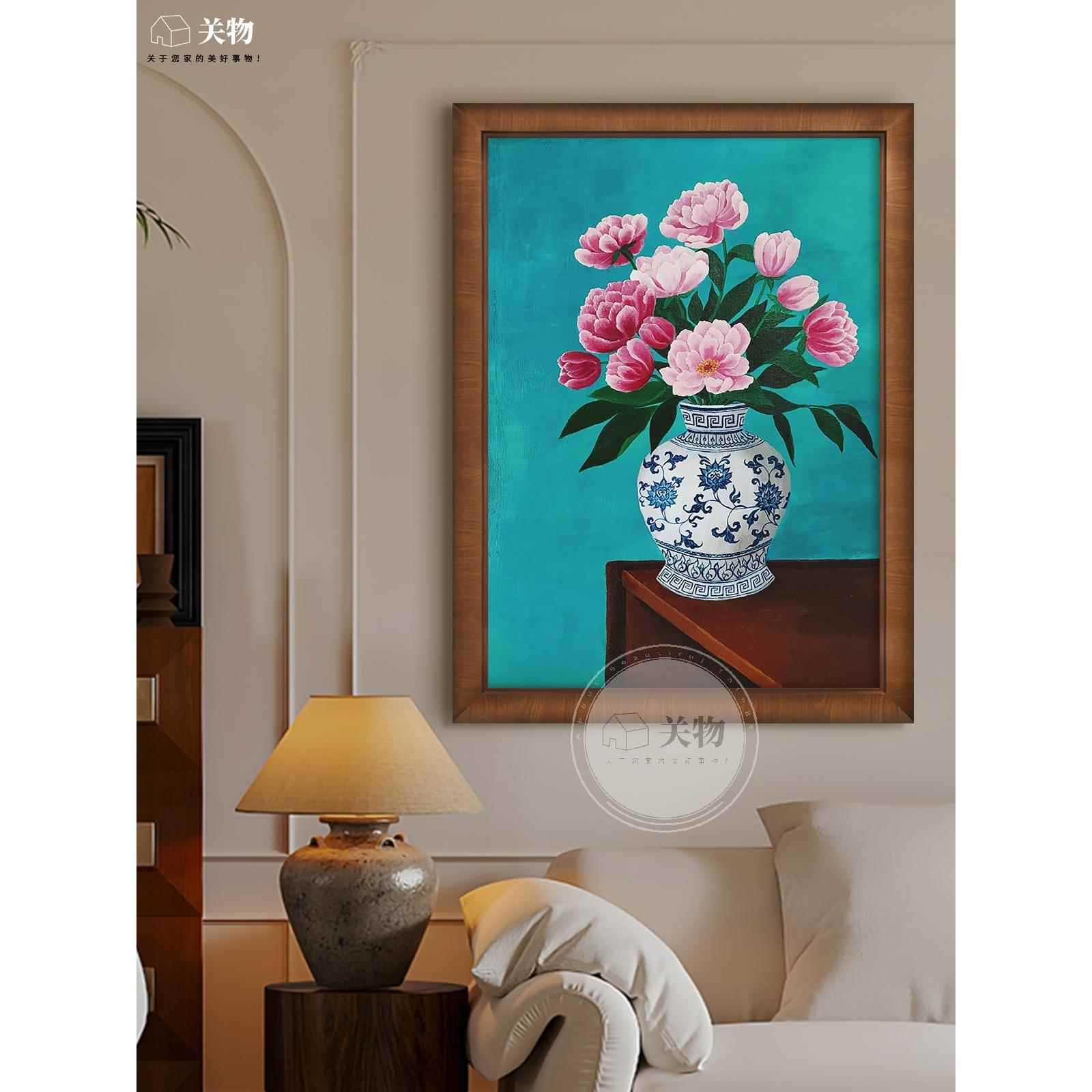 新中式青花瓷纯手绘油画装玄关过道挂gw106花卉花瓶画饰客厅沙发