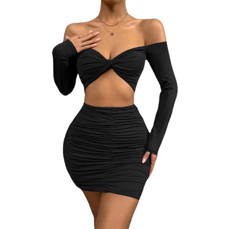 women for suit skirt hip pleated top exposed button belly