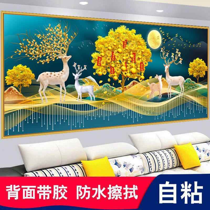 新款客厅沙发背景装饰3D贴画现代新中式简约麋鹿招财防水墙贴画图片